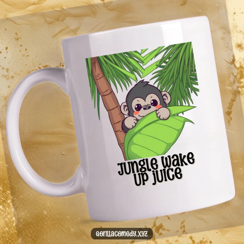 Funny Kawaii gorilla peeking playfully from behind a large, vibrant green palm leaf, exuding jungle charm and joy.