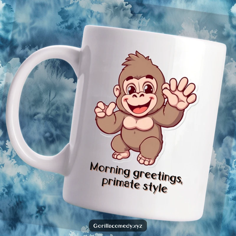 Funny Gorilla Mug: Cheerful ape character with a big, friendly wave, spreading joy and humor. Perfect for gifting.