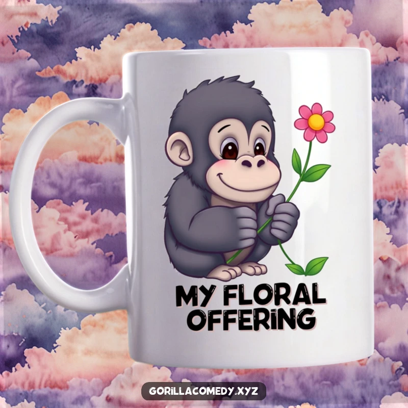 Funny Gorilla Mug: A gentle gorilla with large hands offers a colorful flower, conveying warmth and humor. Perfect for gifting.
