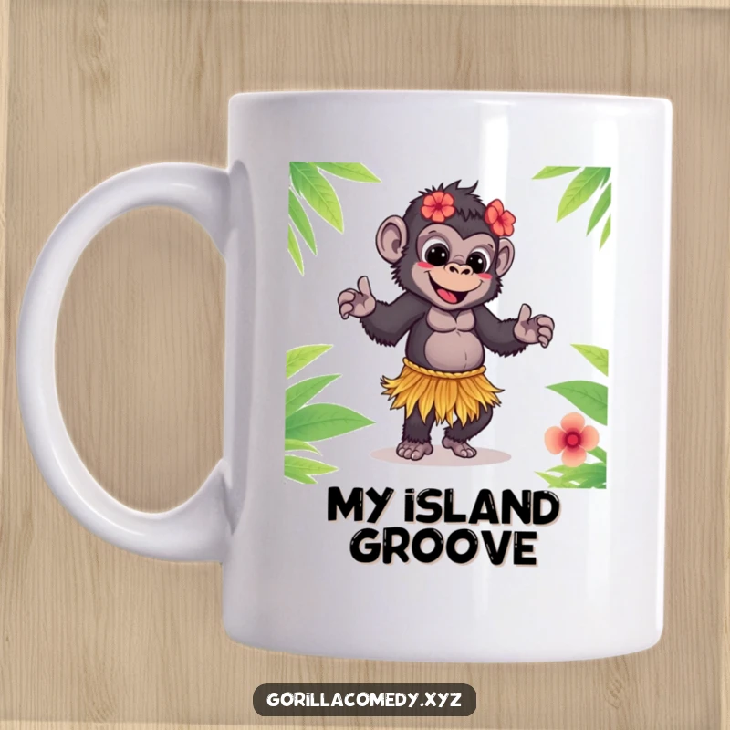 Funny Gorilla Mug: Cute gorilla in a grass skirt doing a playful hula dance, spreading tropical joy and laughter.