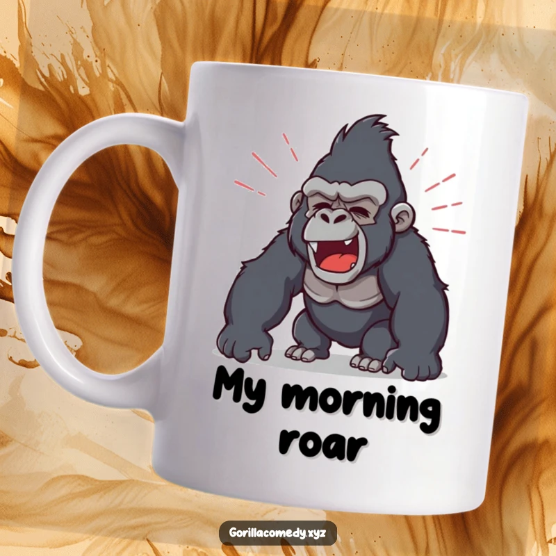 Funny coffee mug with a gorilla character mid-roar, surrounded by dynamic sound waves conveying its powerful, humorous energy.