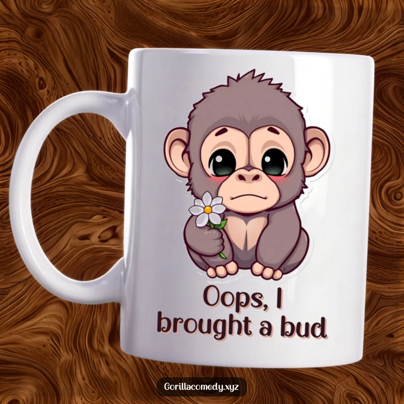 Funny gorilla mug with wide eyes looking startled, gently holding a small flower, expressing sweet surprise and cuteness.