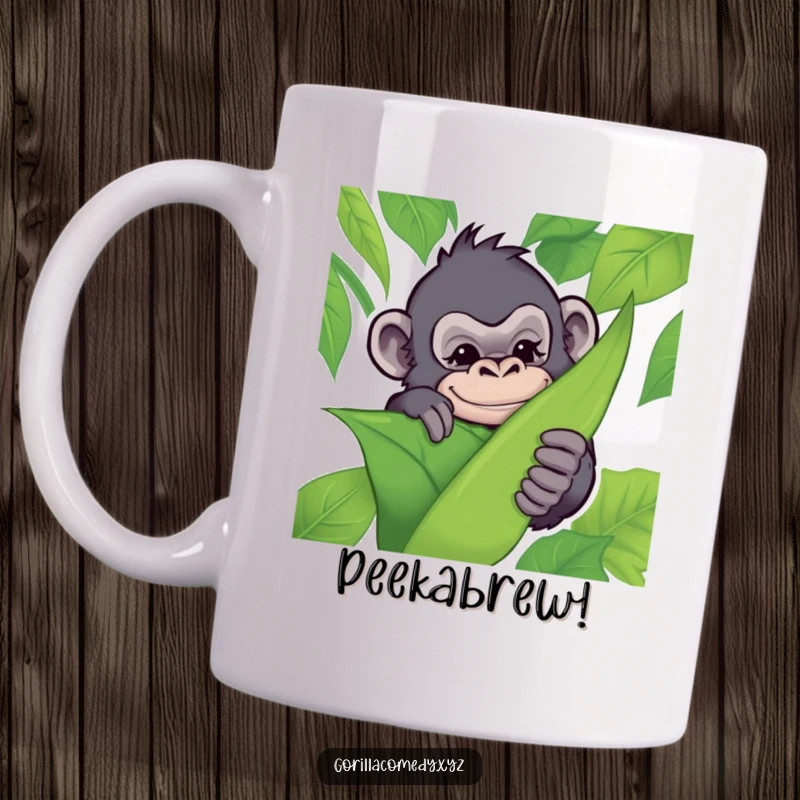 Funny mug featuring a mischievous gorilla peeking from behind a jungle leaf with a playful wink, embodying cheeky humor.
