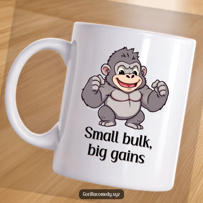 Funny kawaii gorilla mug showing a small, muscular character proudly flexing biceps with a grin, perfect for gym lovers, funny gift.