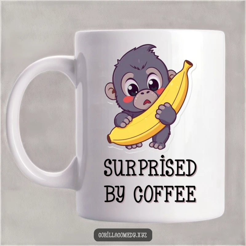 Funny Kawaii Gorilla Mug showing a cute gorilla with wide, surprised eyes, holding a comically large banana with delight.
