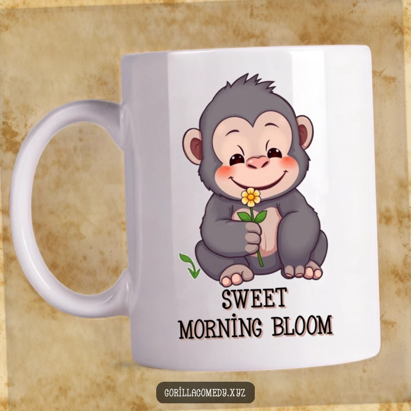 Funny mug with a gentle gorilla smiling warmly while offering a small, delicate flower, conveying kindness.