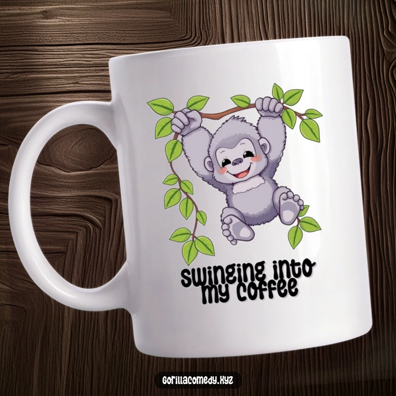 Funny gorilla mug featuring a fluffy character happily swinging from a vine, feet dangling freely, embodying pure, carefree joy and adventure.
