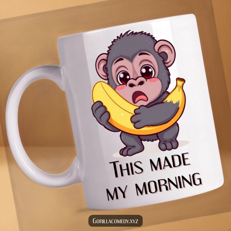 Funny Gorilla Mug: Surprised gorilla with wide eyes, holding an comically large banana, expressing shock.