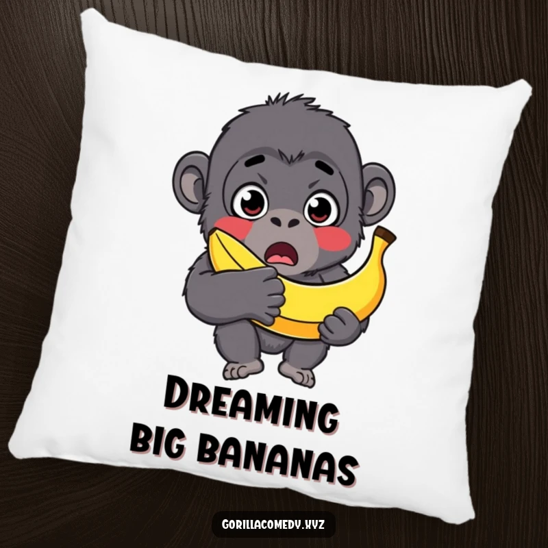 Funny gorilla pillow, surprised character with wide eyes, holding an oversized banana, soft and decorative.