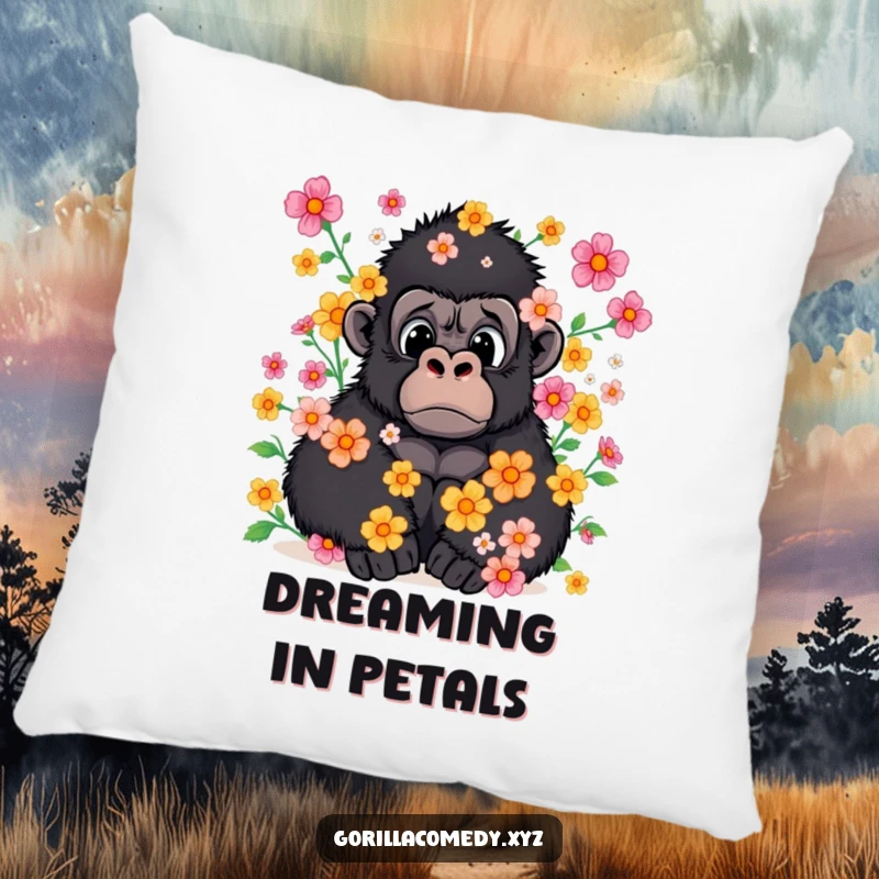 Funny pillow depicting a surprised gorilla covered in a gentle, colorful shower of flowers.