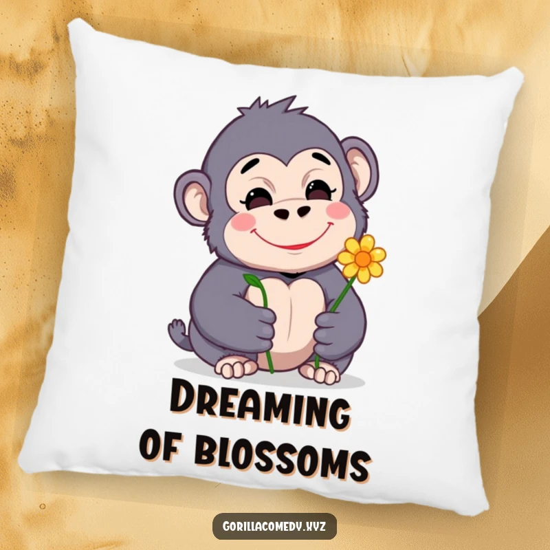Funny, soft throw pillow with a shy gorilla character presenting a flower, exuding happiness and tender, bashful affection.