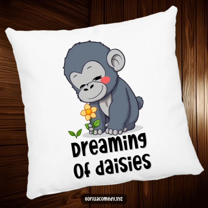 Funny curious gorilla pillow featuring a gentle character with a soft expression patting a tiny flower, a cozy funny gift.