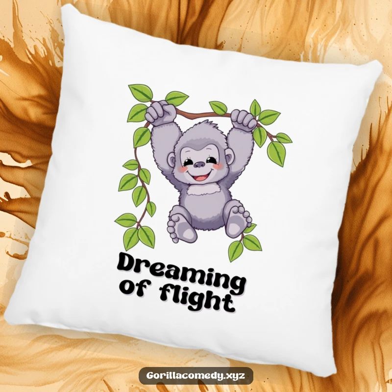 Funny gorilla pillow featuring a fluffy ape swinging happily on a vine, feet dangling, offering plush comfort and a cheerful, humorous design.