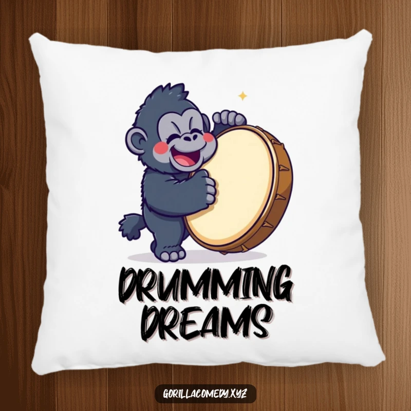 Funny Gorilla Drummer Pillow displaying a cute kawaii gorilla character happily banging on a large drum, offering cozy, humorous comfort.