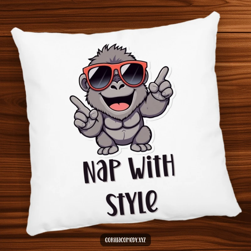 Funny Gorilla Pillow: Happy gorilla in oversized sunglasses, snapping fingers, providing cozy and cool comfort.