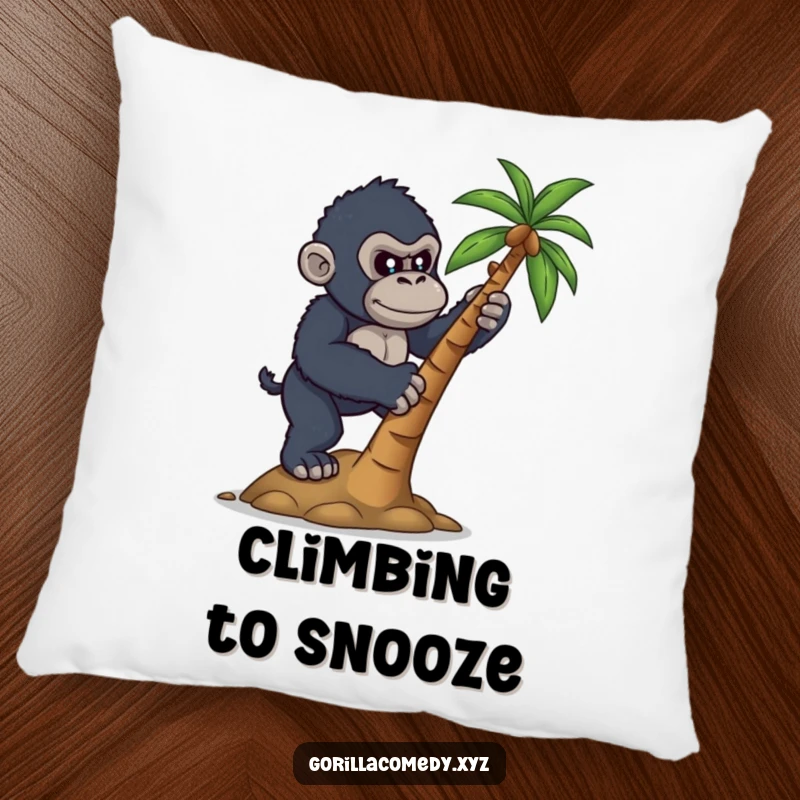 Funny accent pillow with a determined gorilla attempting to climb a coconut tree, adding a touch of motivational whimsy.