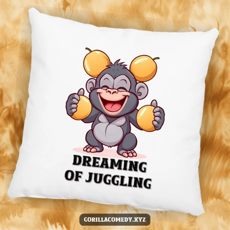 Funny giggling gorilla pillow with a wide grin juggling three shiny coconuts, offering comfort and a dose of playful cheer, a great funny gift.