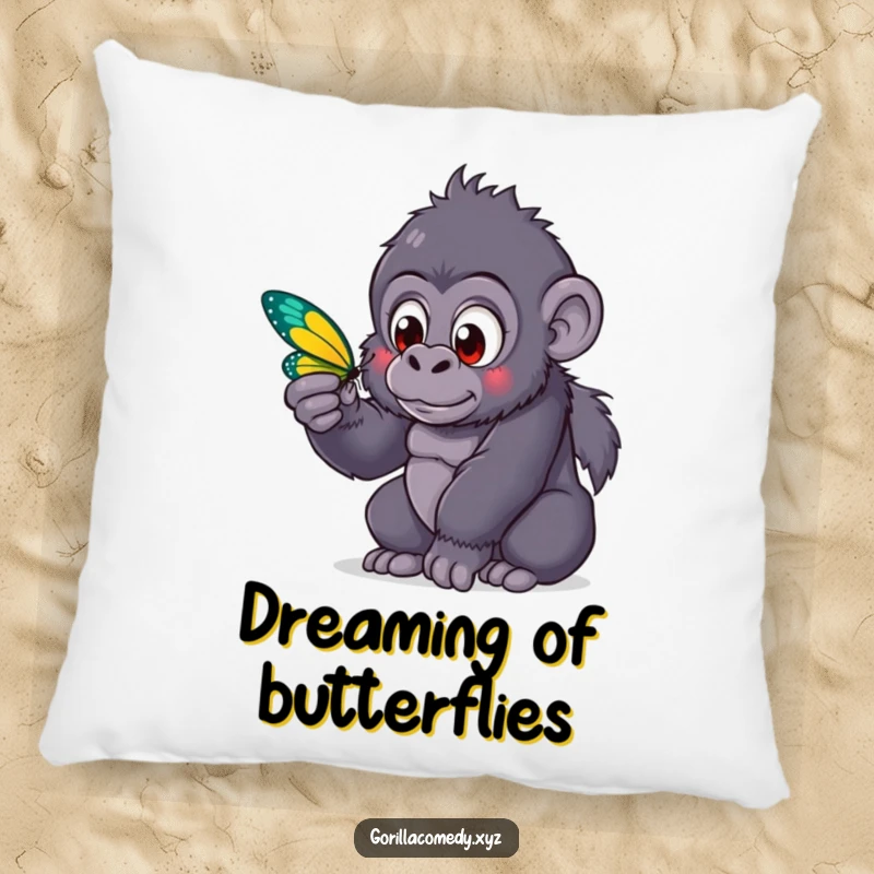 A soft funny kawaii gorilla with wide, curious eyes is captivated by a butterfly, making this pillow a sweet and humorous addition.