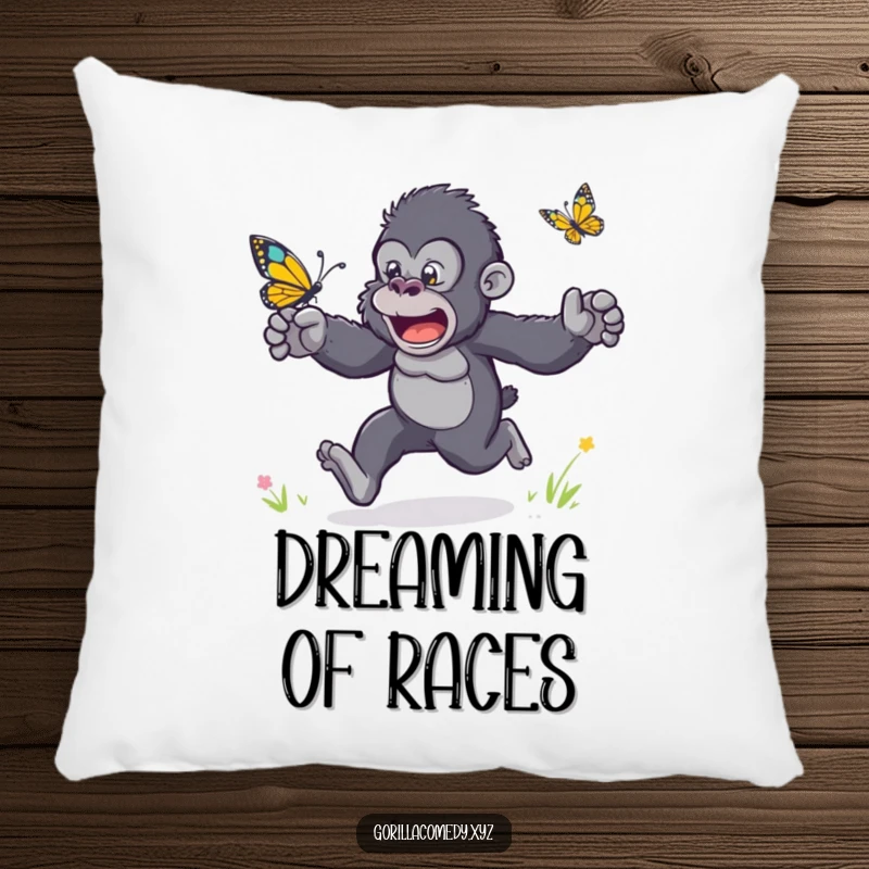 Funny pillow depicting an excited gorilla with arms flailing, chasing a small, colorful butterfly.