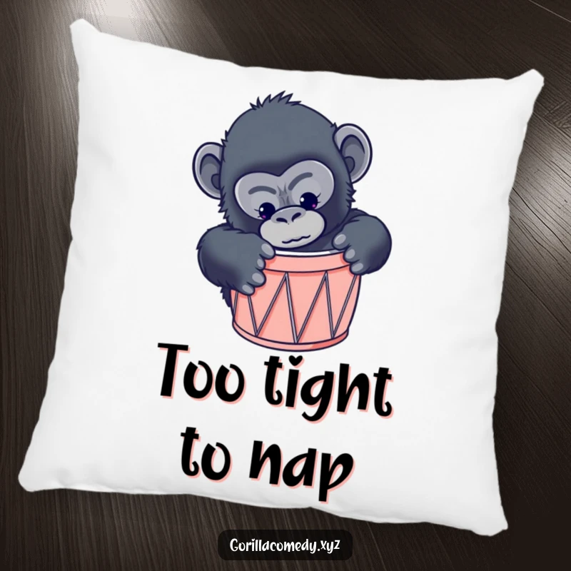 Funny gorilla pillow showing a curious primate comically trying to fit into a ridiculously small drum, offering comfort.