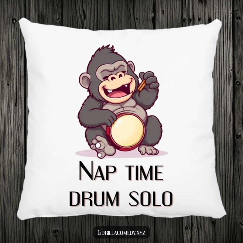 Funny gorilla pillow, depicting a gorilla comically drumming on its belly, for cozy entertainment.