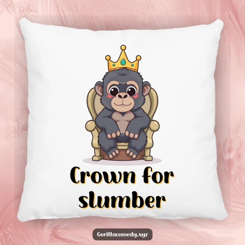 Funny pillow depicting a gorilla wearing a small crown, reigning from a makeshift throne.