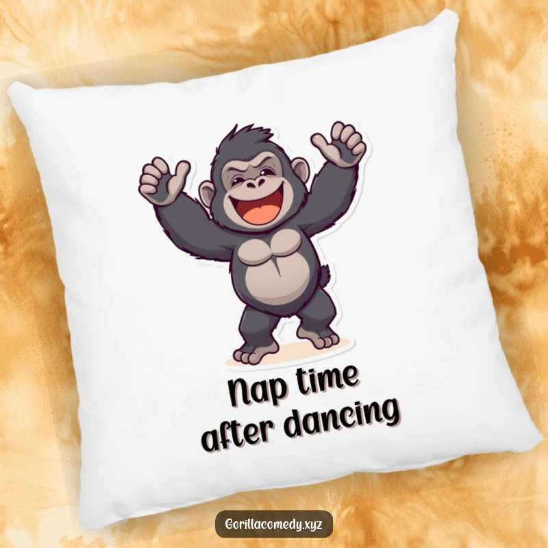 Funny Gorilla Pillow: A plush cushion featuring a primate in a funny, wide-armed dance pose, radiating happiness.