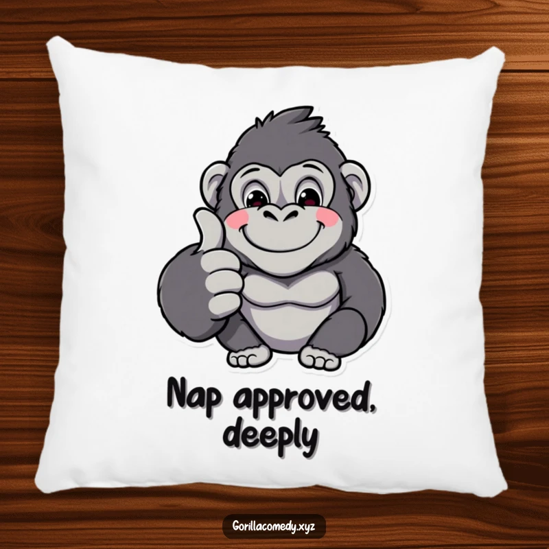 Soft funny kawaii gorilla character giving a heartwarming thumbs up, ready to offer comfort and a smile on this decorative pillow.