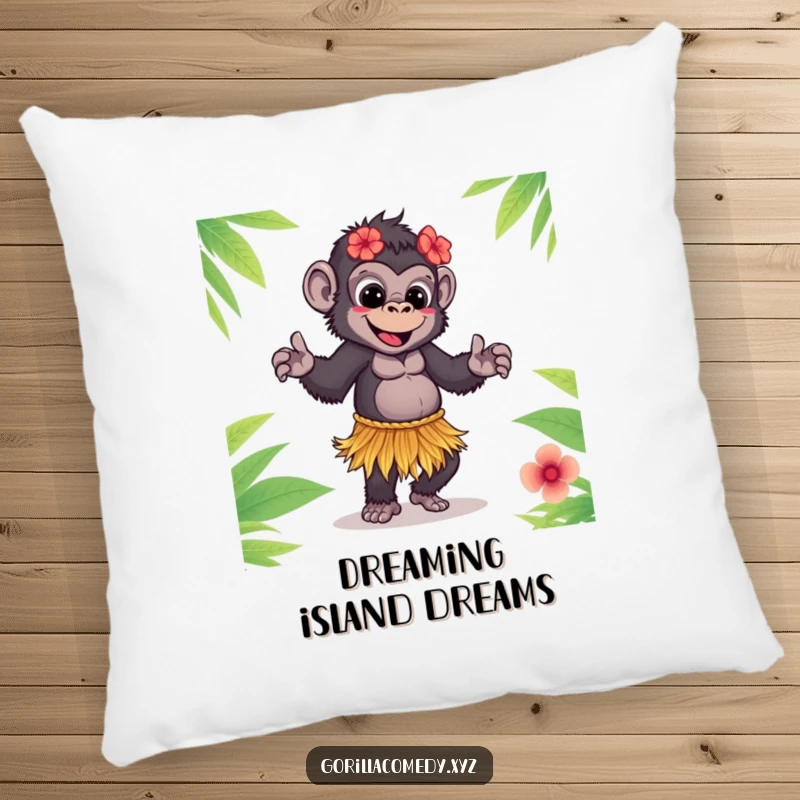 Funny Gorilla Pillow: Cute gorilla in a grass skirt doing a playful hula dance, adding comfort and humor.