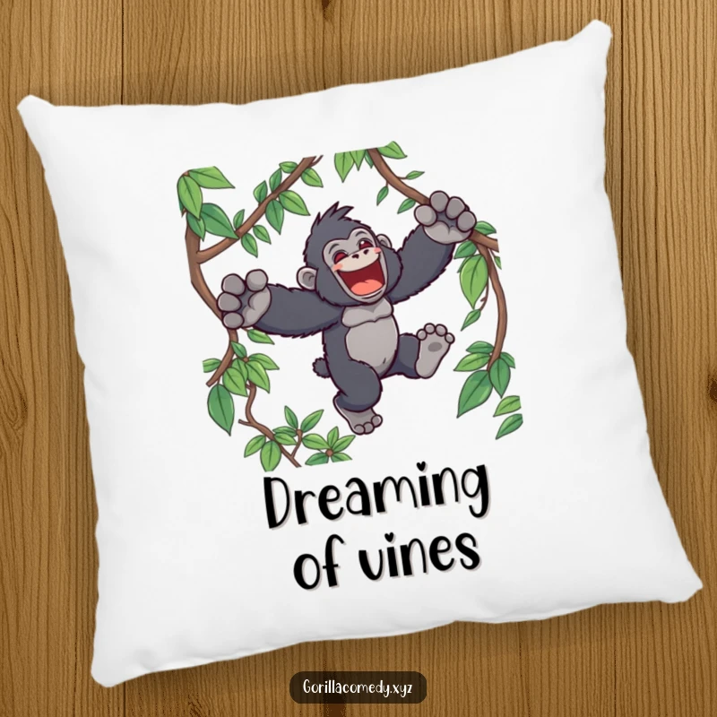 Funny Kawaii gorilla pillow, showcasing a joyful ape character leaping through jungle vines, perfect for relaxed, humorous comfort.