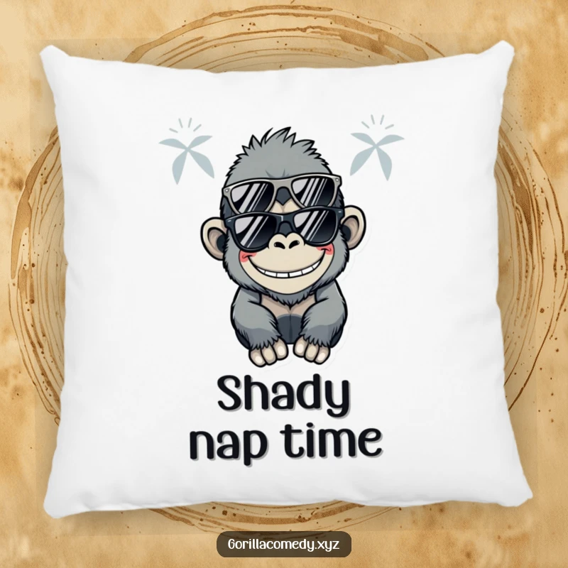 Funny Kawaii gorilla wearing sunglasses and a silly grin on a soft pillow, offering cool and humorous decorative comfort.