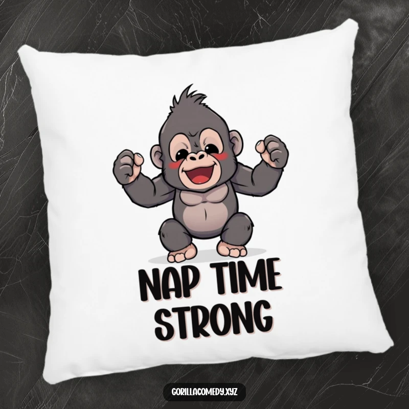 Funny pillow with a cute Kawaii gorilla character flexing its small biceps, bringing humor and adorable strength.