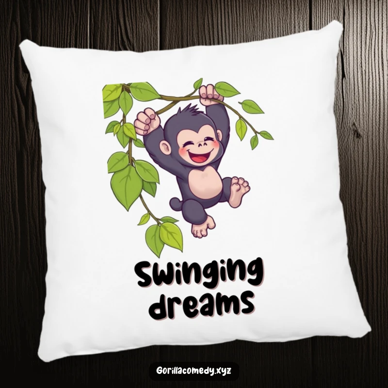 Funny kawaii gorilla pillow, joyfully swinging, from a vine, soft and cozy cushion, cute home decor.