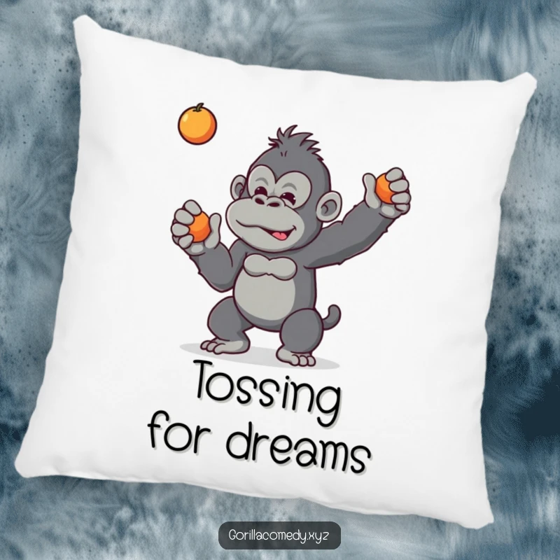 Funny accent pillow with a mischievous gorilla tossing a piece of fruit, adding a touch of jungle playfulness.