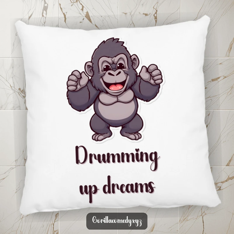 Funny gorilla pillow featuring a cheerful ape character rhythmically beating its chest with pride, offering plush comfort and a humorous, empowering design.