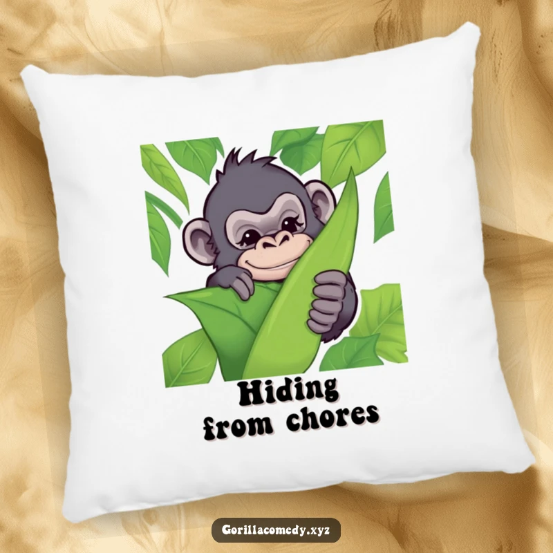 Funny pillow featuring a mischievous gorilla peeking from behind a leaf with a wink, offering plush comfort and jungle humor.
