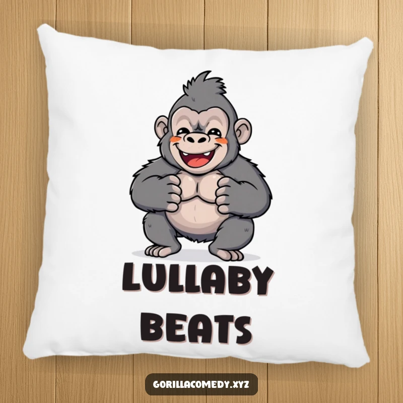 Funny pillow with a cute Kawaii gorilla character enthusiastically drumming its chest, bringing humor and infectious joy.