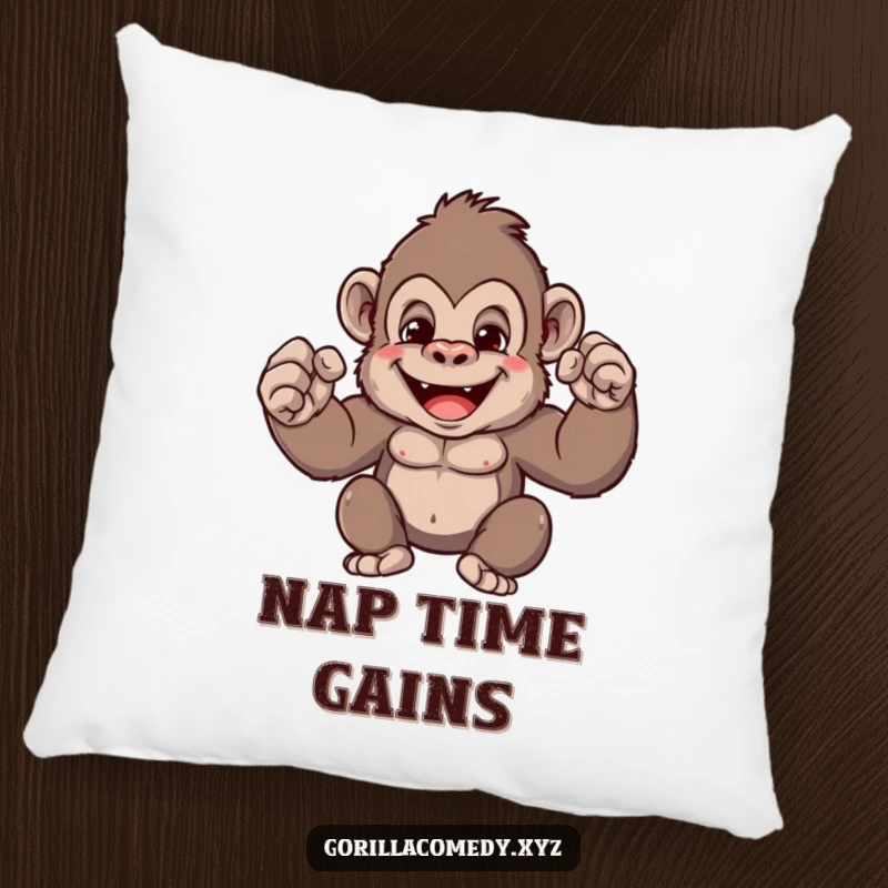Funny gorilla pillow featuring a cute character demonstrating its tiny muscle strength with a happy, grinning face for plush comfort and humor.
