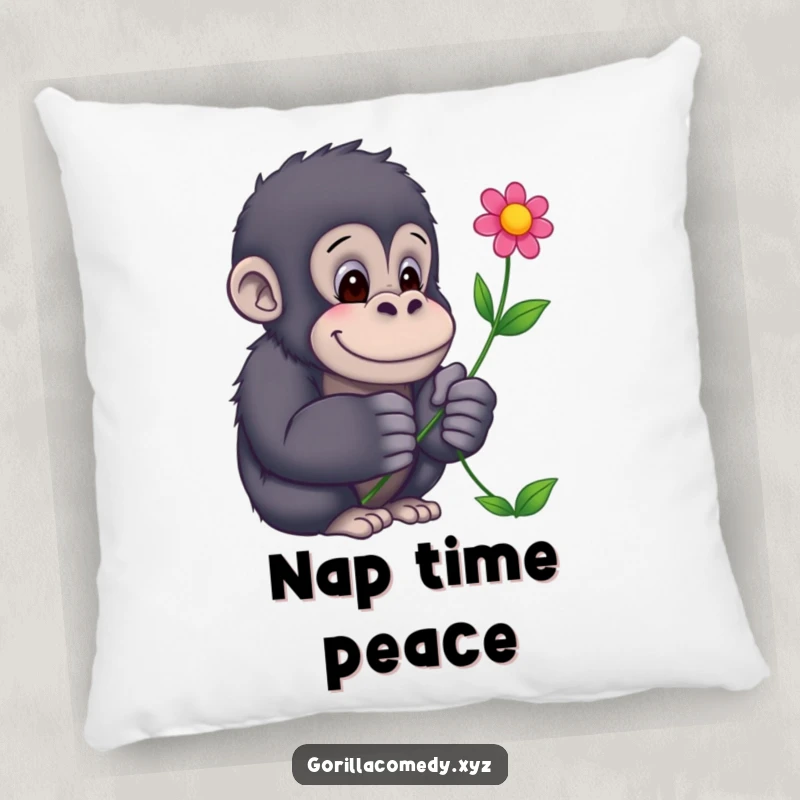 Funny Gorilla Pillow: A soft, decorative pillow featuring a gentle gorilla offering a colorful flower, adding comfort and humor.