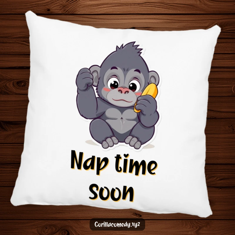 Funny Kawaii gorilla pillow, showcasing a curious ape with large eyes focused intently on a banana, ideal for cozy, humorous comfort.