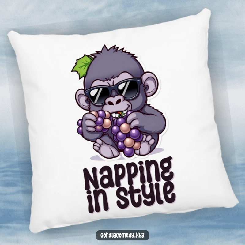 Funny pillow featuring a cool gorilla in tiny sunglasses eating grapes, offering plush comfort and a laid-back humorous vibe.