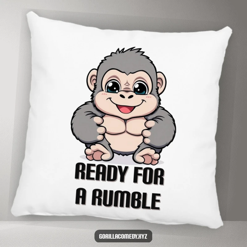 Funny cheerful gorilla pillow with big bright eyes playfully pounding its chest, offering comfort and a dose of playful cheer, a great funny gift.