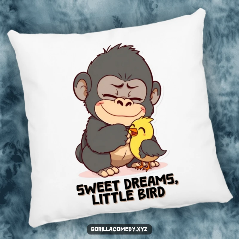 Funny Gorilla Tickling Bird Pillow: Mischievous gorilla tickling a small bird, offering soft comfort and funny, lighthearted vibes. Great gift.