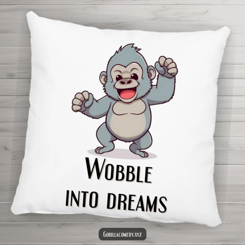 Funny pillow featuring a Kawaii gorilla character doing a comical dance with wobbly legs, bringing comfort and a large dose of silly charm.