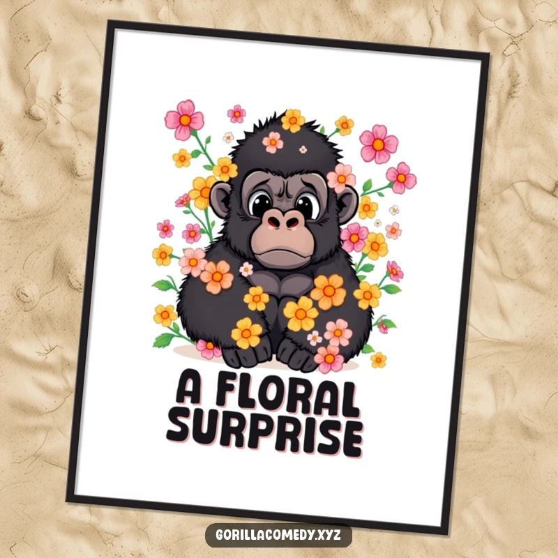 Funny digital art print of a gorilla with a surprised expression, covered in a shower of flowers.