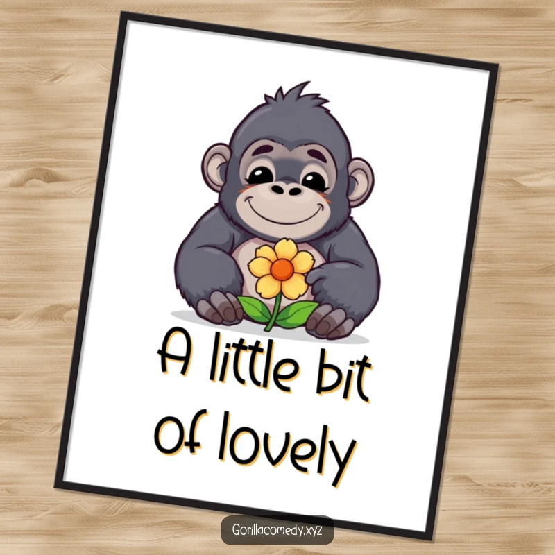 Cute funny kawaii gorilla with a contented smile offering a flower, presented as digital art for instant download, bringing sweetness and kindness.