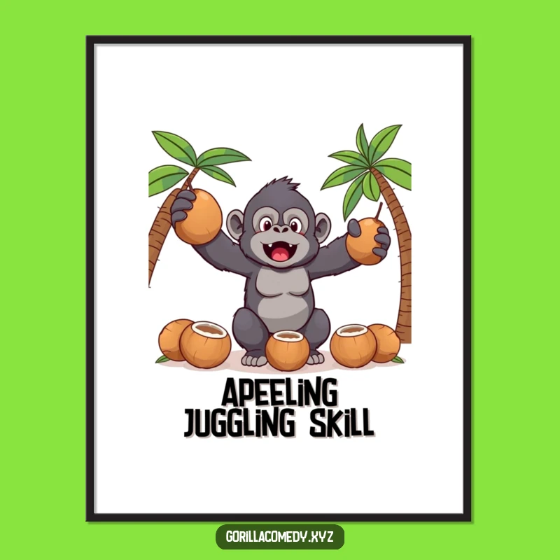 Funny Kawaii Gorilla Digital Art: Coconut Juggling Chaos Print, Hilarious Decor Gift