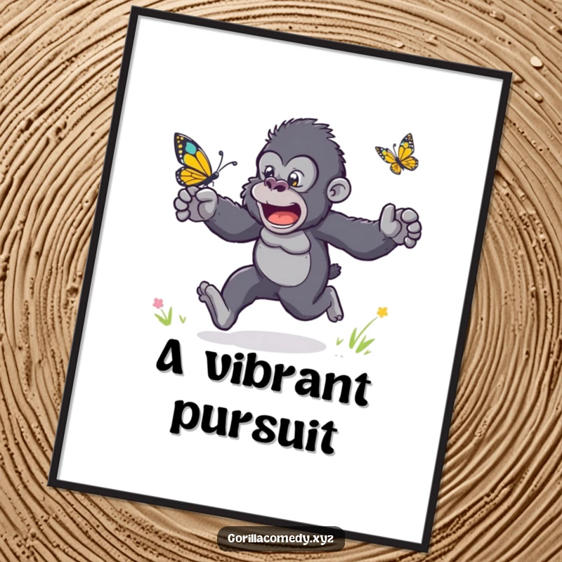 Funny digital art print of a gorilla with arms flailing, excitedly racing a playful butterfly.