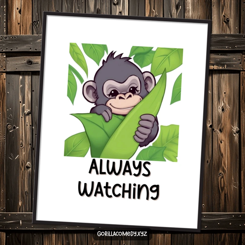 Funny digital art print of a mischievous gorilla hiding behind a leaf with a playful wink, bringing cheeky jungle humor to walls.
