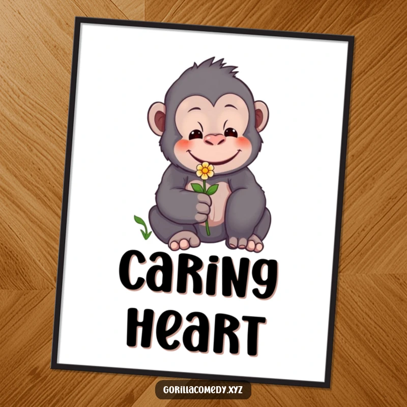 Funny digital art print of a gentle gorilla smiling warmly while offering a tiny flower, ideal for touching decor.